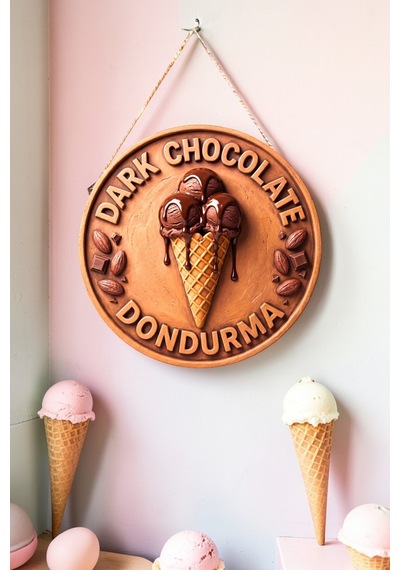 Dark Chocolate Dondurma Görselli İpli Ahşap Kapı Ve Duvar Süsü, Cafe, Dondurmacı Tabelası Dekoru