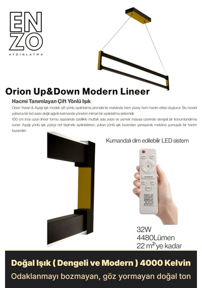 Orion Gold Lineer Led Sarkıt Avize Kumandalı Dim Edilebilir Aşağı Işık Doğal Işık
