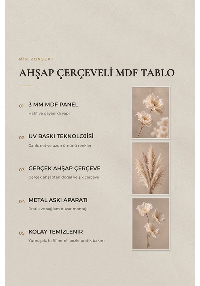 Beyaz Ahşap Çerçeveli Ivory Bloom 3'lü Mdf Tablo Seti Krem Çiçek Pampas Duvar Dekoru Renk: Beyaz