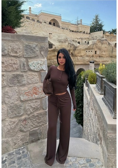 Evoa Kadın Kahve Basic Düğmeli Bluz Ve Bol Paça Pantolon Takım Kahverengi
