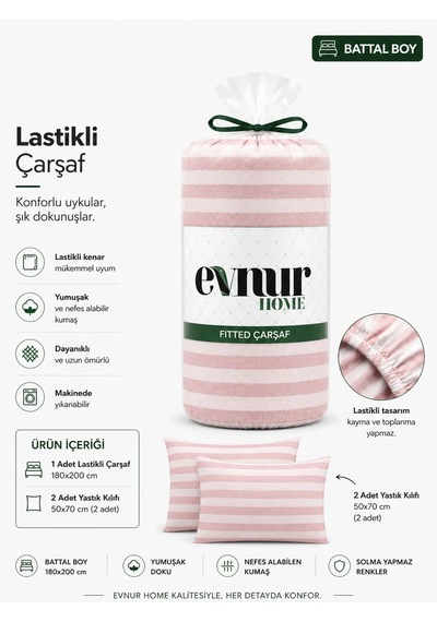 Evnur Home Çizgili Lastikli Çarşaf Seti Battal Boy Pudra