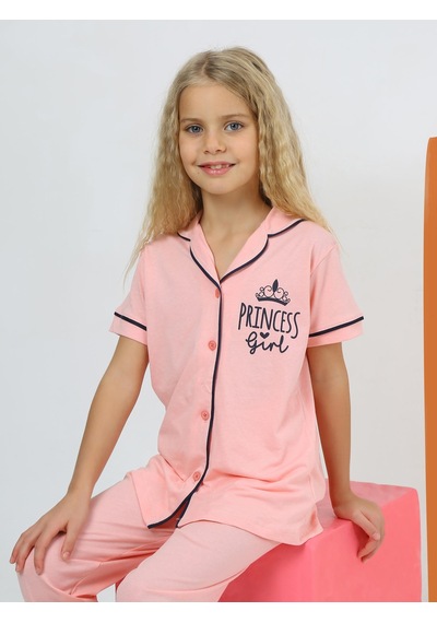 Kız Çocuk Kısa Kollu %100 Pamuklu Düğmeli Pijama Takımı Princess Pembe