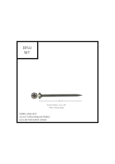 Dübel-vida Seti, Tuğla Boşluk Dübeli 12 Mm, 6,0x80 Yhb Sunta Vidası, 10 Adet