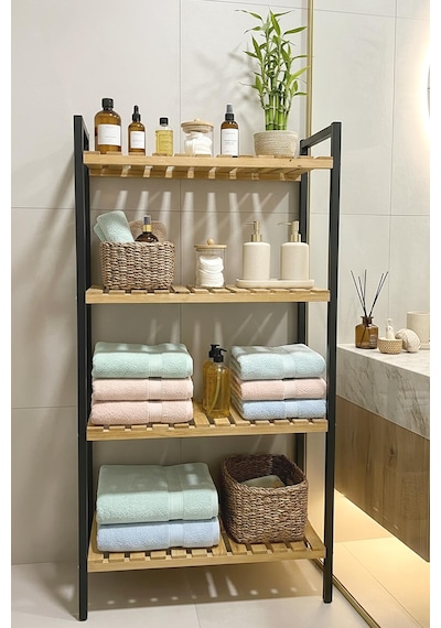 Exent, Dekoratif 4 Raflı Banyo Rafı, Banyo Organizer, Havluluk, Banyo Dolabı, Metal İskelet Ahşap