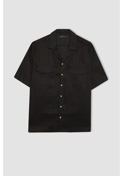 DeFacto %100 Keten Relax Fit Polo Yaka Yazlık Basic Düz Kısa Kollu Gömlek B6687AX24SPBK27
