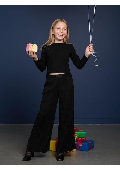 Zekids Kız Çocuk Bürümcük Kumaş Geniş Paçalı Tasarım Pantolon-16530 Siyah