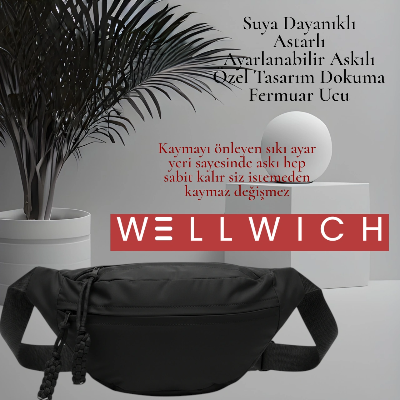 Wellwich Siyah Çapraz Çanta Bel Çantası Spor Çantası Ultra Hafif Suya Dayanıklı Siyah