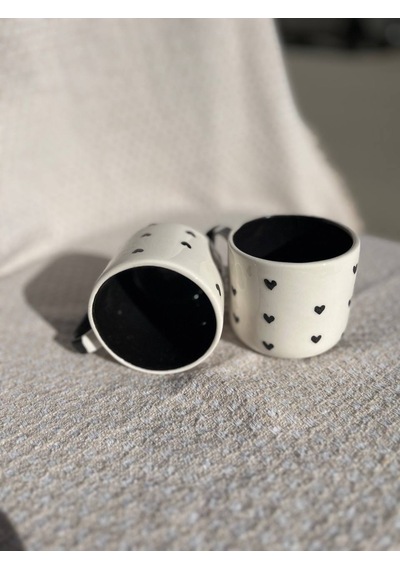 El Yapımı Seramik Kupa, Mug, Türk Kahvesi Bardağı Siyh Kalp Desen