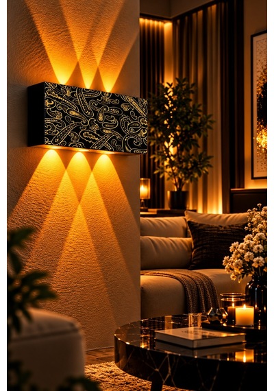 Siyah Gold Etnik Desenli 12w 2200k Amber Işıklı 3 Gözlü Yukarı Aşağı Dekoratif Duvar Apliği 16 Cm Amber Işık