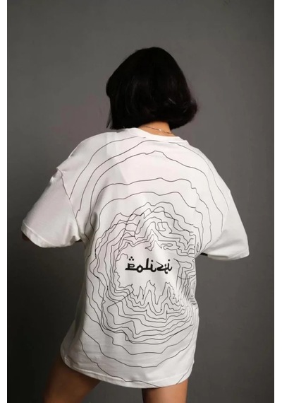 Bisiklet Yakalı Sırt Baskılı Oversize T-shirt - Beyaz Beyaz