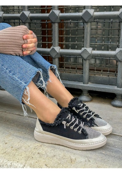 Erva'nın Butiği Siyah Keten Jule Taş Bağcıklı Kadın Sneakers-5784