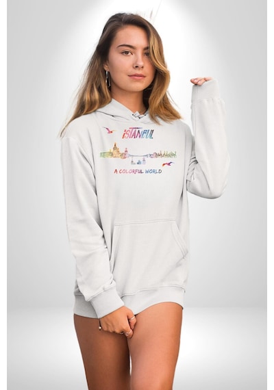 İstanbul Özel Tasarım Kadın Erkek Beyaz Kapüşonlu Sweatshirt Hoodie Beyaz