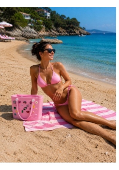 Şık Ve Mutlu Silikon Charm Aksesuarlı Plaj Çantası Açık Pembe