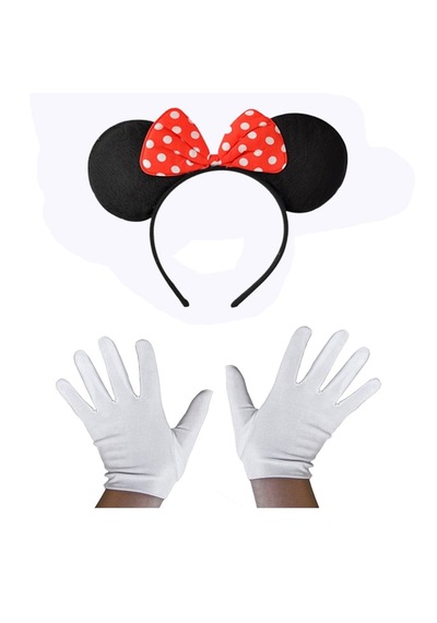 Kırmızı Fiyonklu Minnie Mouse Tacı Ve Beyaz Eldiven Seti 5691