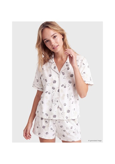 Lcw Dream Ekru Gömlek Yaka %100 Pamuklu Kadın Şortlu Pijama Takımı