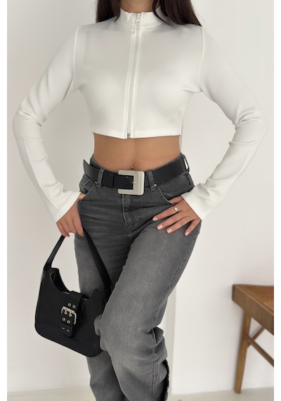 Kadın Fermuarlı Crop Ceket Dinamik & Modern Stil Beyaz