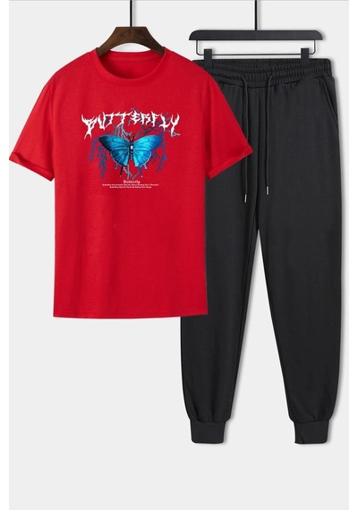 Uyguntarz Unisex Blue Butterfly Baskılı 2'li Eşofman Takımı Kırmızı