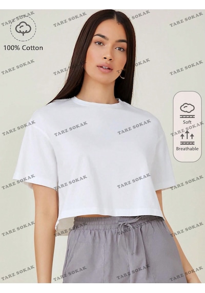Flood Of Style Crop Ckod-232913 Pamuk Damla Omuz Düz Kısa Beyaz