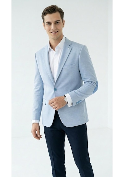 Plus Scorpion Erkek Kolu Yamalı Blazer Ceket Bebe Mavi Renk, İtalyan Kesim Şık Ve Modern Tasarım Bebe Mavisi