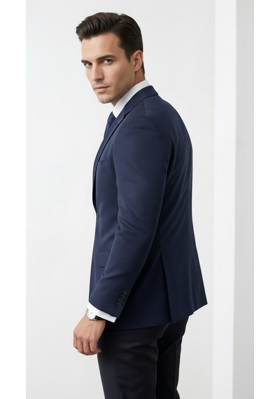 Plus Scorpion Ck 142 Slim Fit Mikro Desenli Erkek Ceket Yazlık Pike Kumaş Çift Yırtmaç Blazer Lacivert