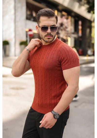 Valensdesign Erkek Örgü Desen Bisiklet Yaka Triko Tişört - %100 Pamuk Akrilik A. Kiremit