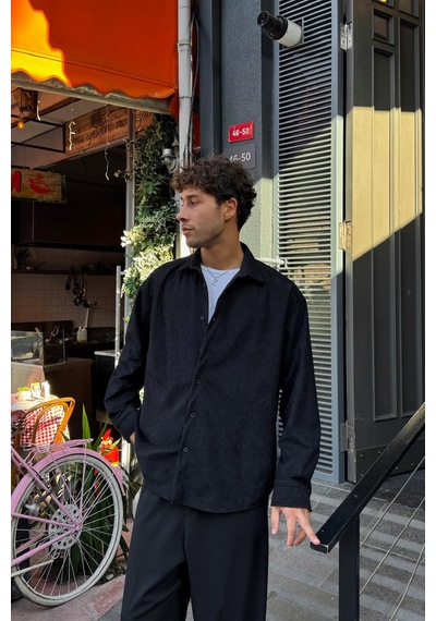 Flaw Fitilli Kadife Oversize Gömlek Siyah-27279 Siyah