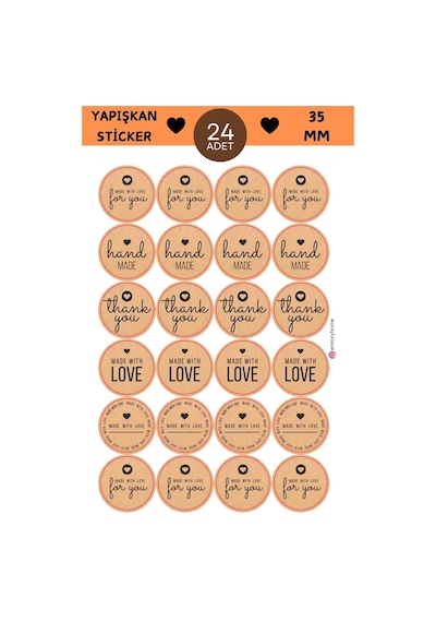 24 Adet - Bohemian Kraft Sticker - Handmade Love Sticker - Thank You Sticker - Teşekkürler Sticker Çok Renkli
