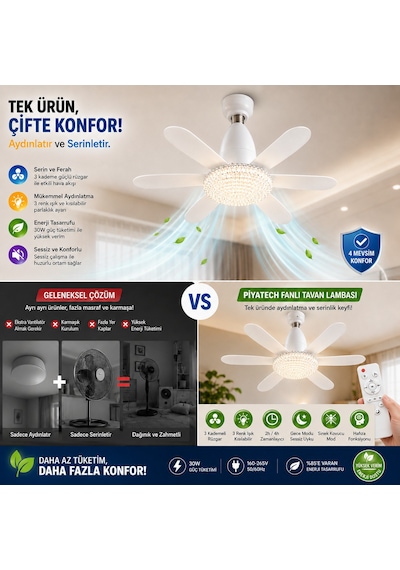 E27 Duylu Kumandalı 6 Kanatlı Pervaneli Led Tavan Lambası 30w 3 Renk Işıklı Fanlı Avize
