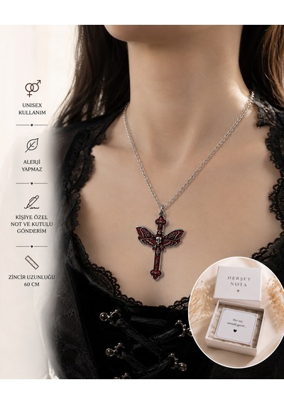 Kırmızı Kelebek Detaylı Gotik Haç Kolye Unisex Vintage Stil Zincir Kolye Çok renkli 00527955