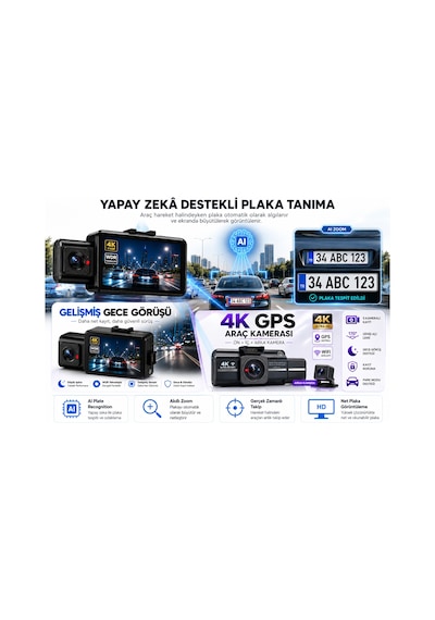 Bagajon Ryan Yapay Zeka Destekli 4k 3 Kameralı Araç Kamerası Ön + İç + Arka Kayıt, Wifi, 24 Saat Park Kayıt Kiti