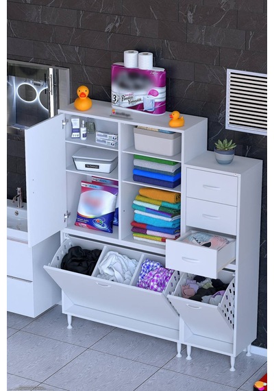 Nero 130 Cm Beyaz Sepetli Ve Çekmeceli Çok Amaçlı Banyo/mutfak Dolabı 90+40 X160x32,5 Cm