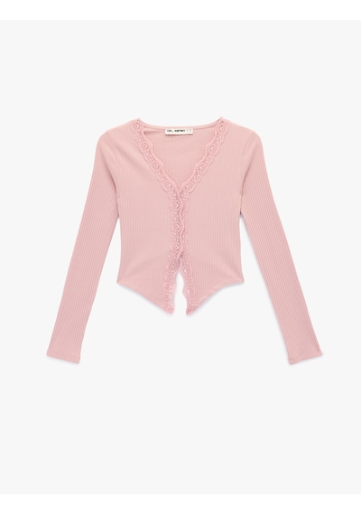 Koton V Yaka Dantel Detaylı Uzun Kollu Slim Fit Tişört Pembe 6sal10221ık Gül