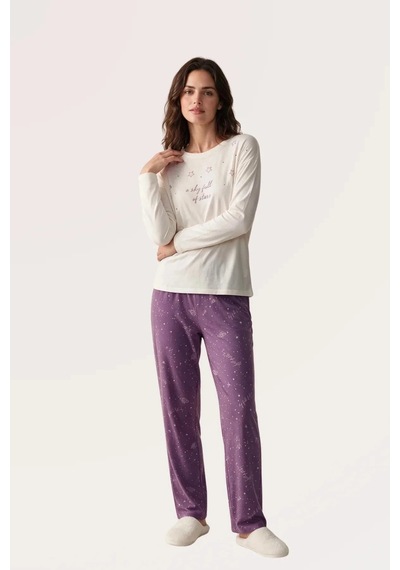 Angbutik Pjs 30170 Kadın Uzun Kol Pijama Takımı Krem