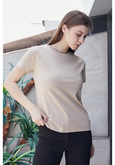 Jument Kadın Sıfır Yaka Kırışmaz Span Karışımlı Şık Kısa Kol Likralı T-shirt Bluz-koyu Bej K.bej Jument Kadın Sıfır Yaka Kırışmaz Span Karışımlı Şık Kısa Kol Likralı T-shirt Bluz-koyu Bej K.bej