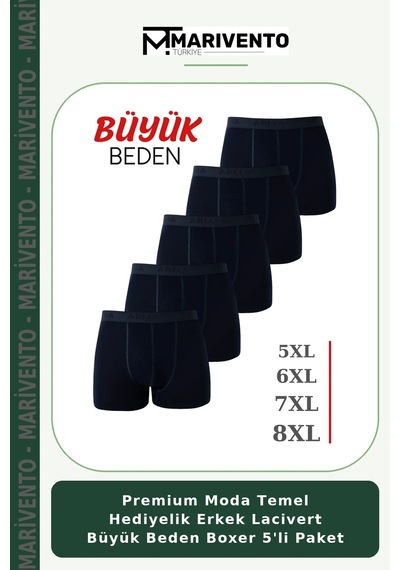 Marivento Premium Moda Temel Hediyelik Erkek Lacivert Büyük Beden Boxer 5'li Paket