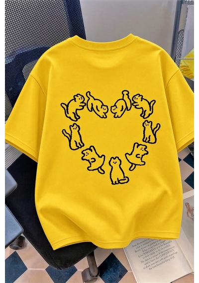 Kedi Kalp Desenli Oversize/rahat Kesim Kısa Kollu T-shirt Sari
