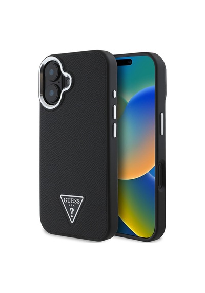 Apple Uyumlu iPhone 16 Kılıf Guess Lisanslı Magsafe Şarj Özellikli Grained Triangle Kapak Siyah