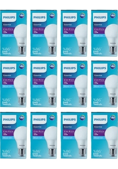 Philips Essential 8W 60W E27 Beyaz Işık Led Ampul 12 Adet