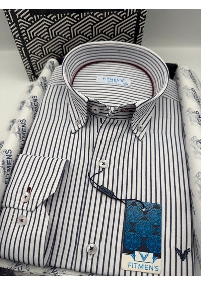 Slim Fit Uzun Kol Premium Çizgili Yaka Düğmeli Hediye Kutulu Erkek Gömlek Fs-004440 - Lacivert-3179
