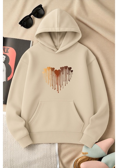 Uyguntarz Unisex Eriyen Kalpler Tasarım Basklı Sweatshirt Bej