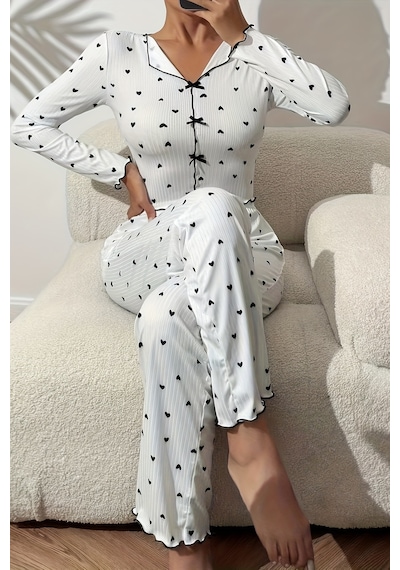 Merry See Kalp Baskılı Uzun Kollu Pijama Takımı Beyaz