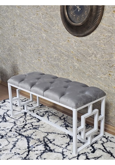 Zafir Beyaz Boyalı İçi Kareli Diktörtgen 100 Cm X 40 Cm Oturak Puf - Bench - Makyaj Oturağı - Oturak Gri