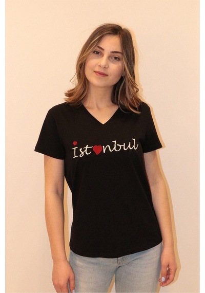 Rich Kadın V Yaka T-shirt %100 Pamuk Tişört SIYAH