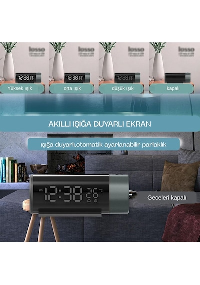 Projeksiyonlu Led Dijital Çalar Saat Usb Güç Çift Alarm Tavan & Duvar Yansıtma Masa Saati Siyah