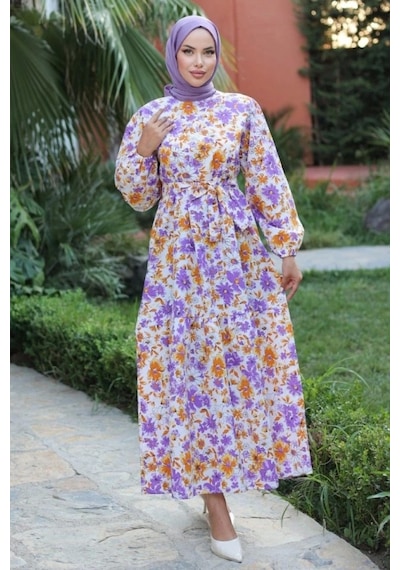 Defymoda Kadın Uzun Çiçek Yaprak Desenli Belden Bağlamalı Elbise Lila