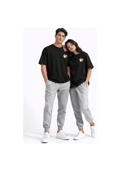 Sevgili Kombini Ayıcık Baskılı Çift Tişört Oversize Unisex Partne Siyah