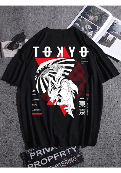 Erkek Siyah Oversize Tokyo Baskılı T-shirt Siyah