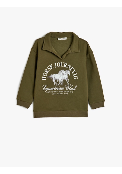 Koton Polo Yaka Sweatshirt At Baskılı Uzun Kollu Şardonlu Haki 5wkb10406tk Haki