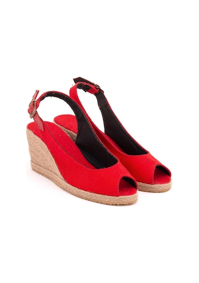 Gerçek Elişi Burnu Açık Arkası Bantlı Dolgu Topuk Kırmızı Keten Hasır Espadril Handmade Kırmızı