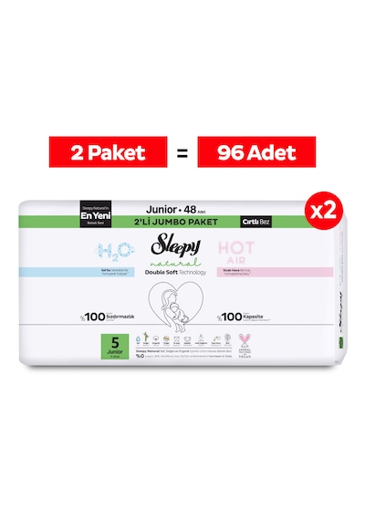 Sleepy Natural Double Soft Avantajlı Mega Paket Bebek Bezi 5 Numara Junior 96 Adet